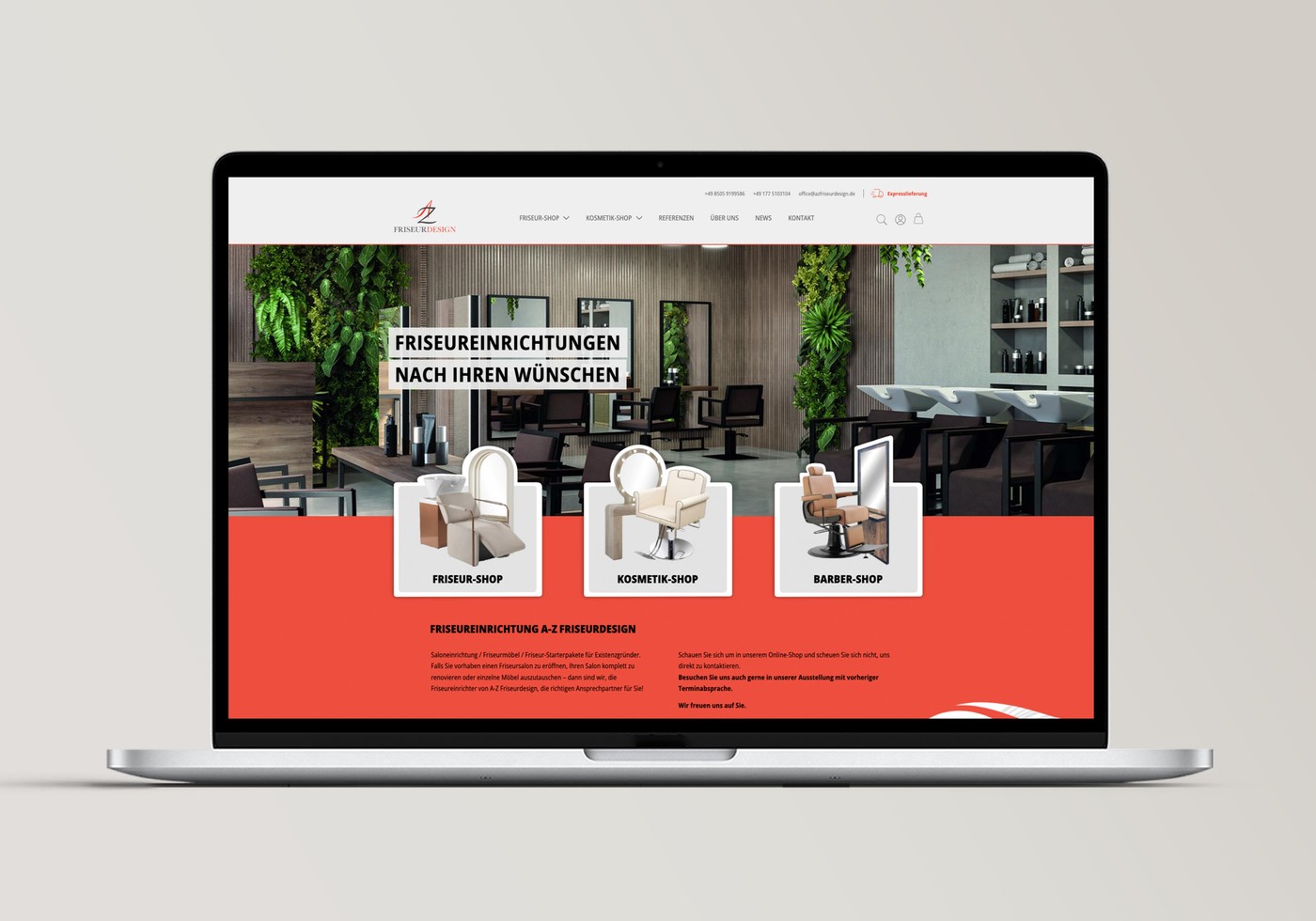 Laptop-Mockup einer modernen Website für Friseureinrichtungen und Salonmöbel (AZ Friseurdesign).