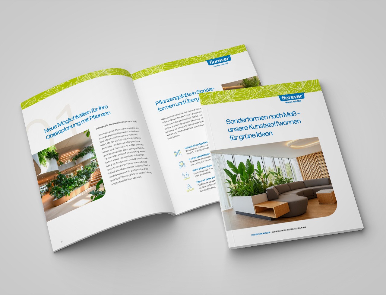 Prospekt-Mockup für maßgefertigte Kunststoffwannen und Pflanzsysteme (Florever).