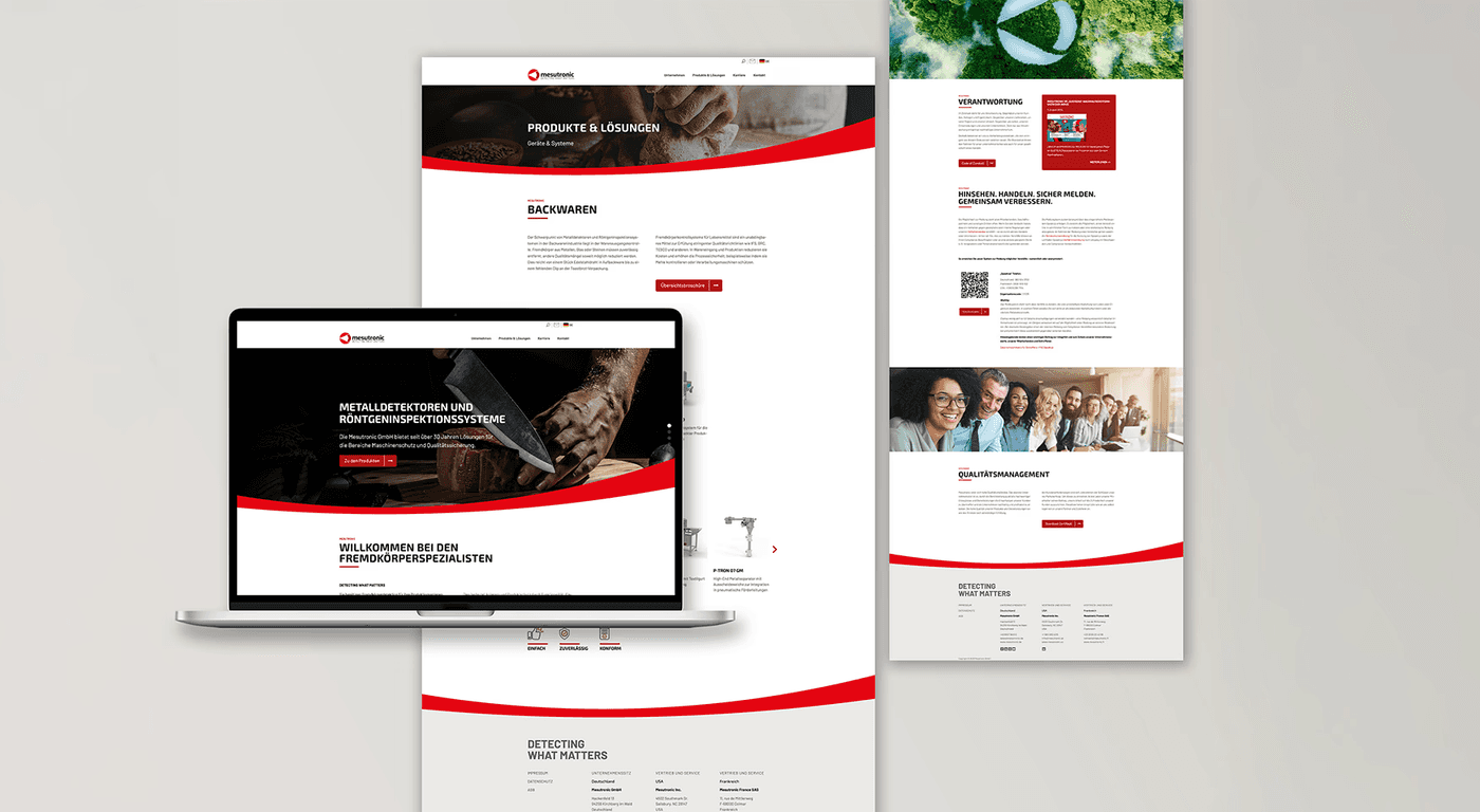 Mockup einer modernen Website für Metalldetektoren und Röntgeninspektionssysteme (Mesutronic).